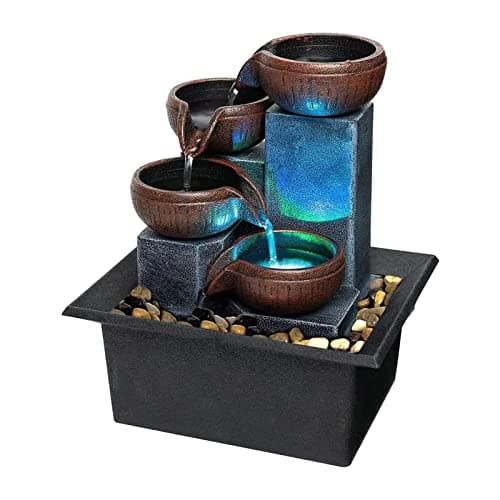 Small Indoor Relaxation Tabletop Fountain Zen Meditation Waterfall Feature with Color LED Light Natural Rocks 4 Level Desk Waterfall for Home Office Bedroom Living Room Decoration Style 1