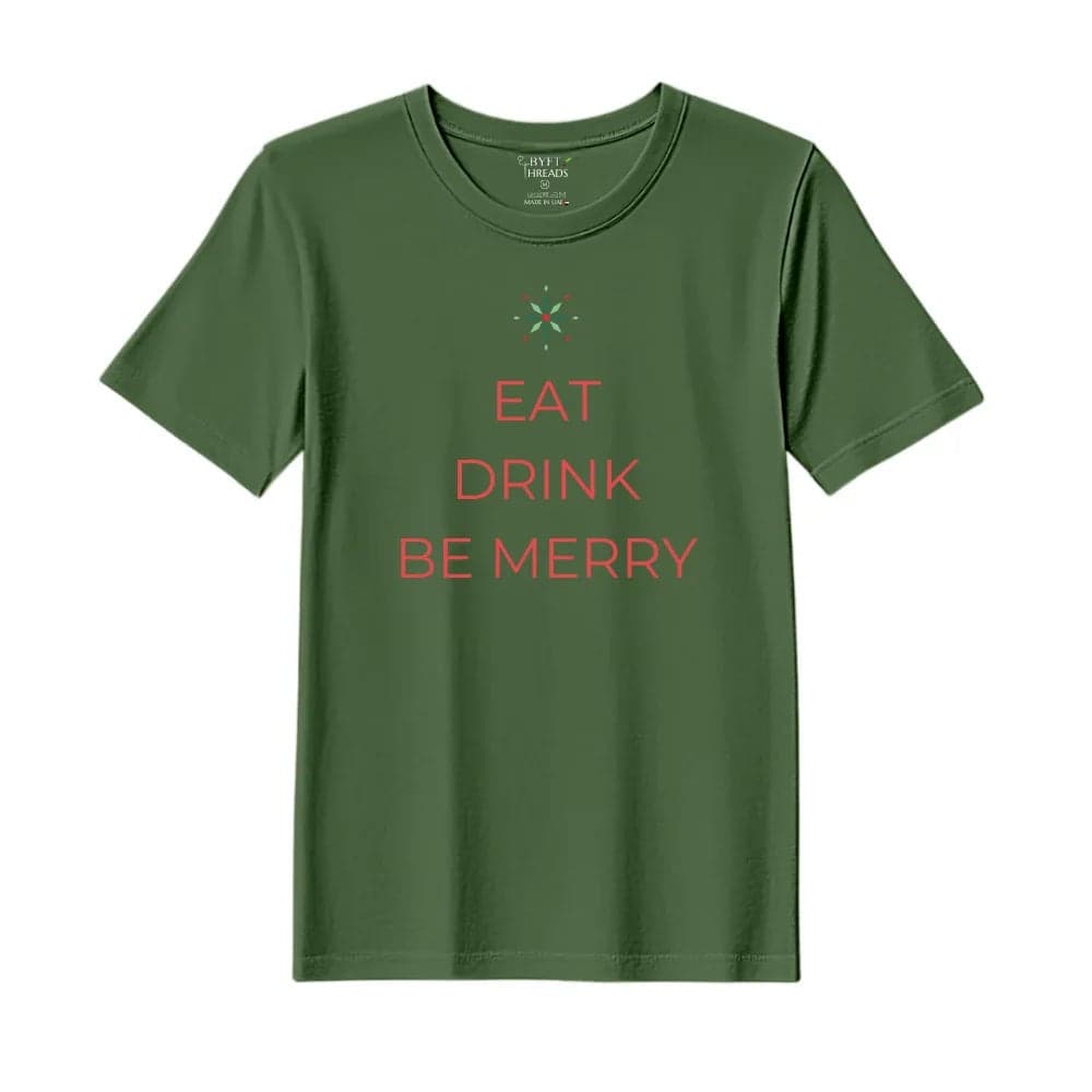 BYFT Threads XL Forest ELF Green Polycotton T-Shirt - Christmas "Eat Drink Be Merry" Printed Design, Premium Holiday Collection