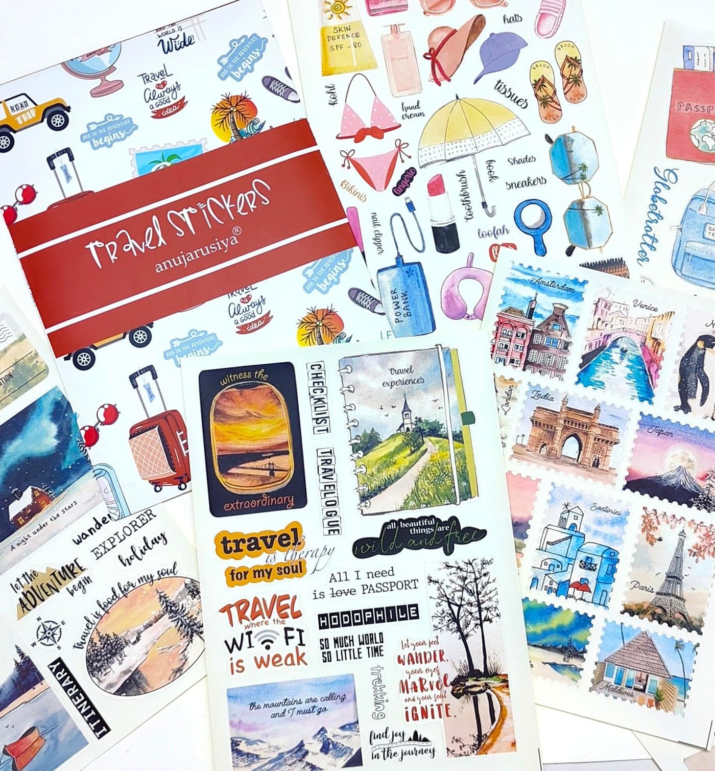 anujarusiya Travel Scrapbook Stickers - 110+ Unique Designs, Matte Laminated | Self-Adhesive Paper Stickers for Journals, Planners, and Travel Themes