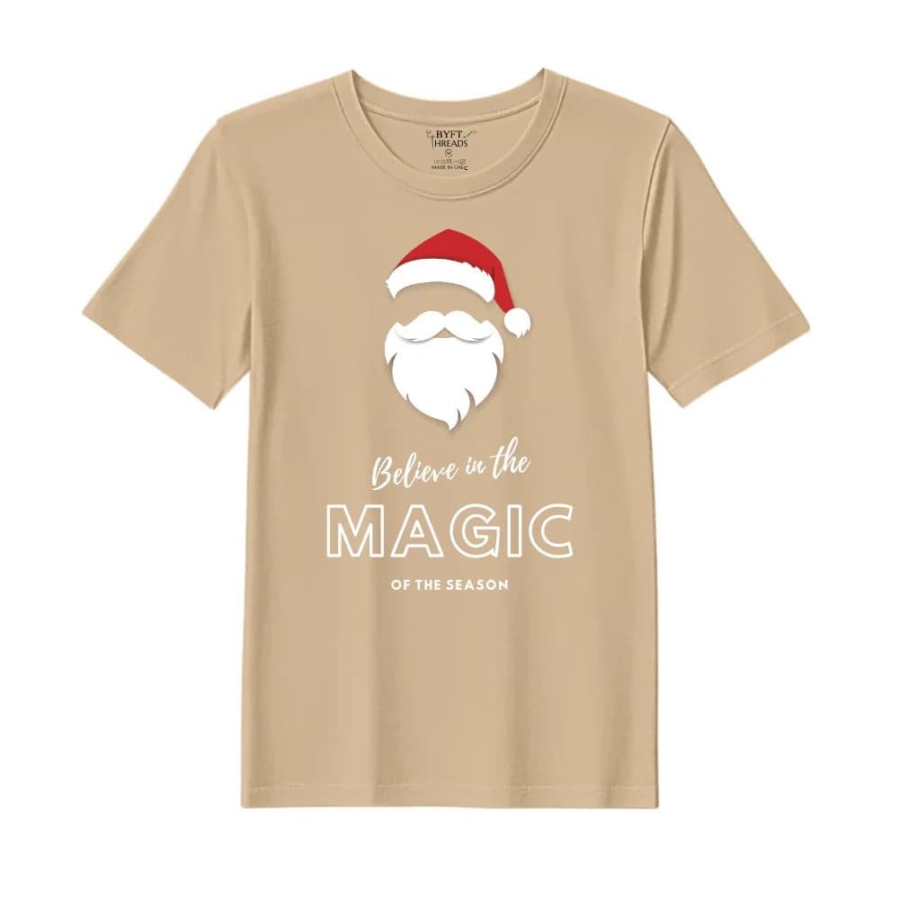 BYFT Threads XL Beige Polycotton T-Shirt - Christmas "Believe in the magic of the season" Printed Design, Premium Holiday Collection