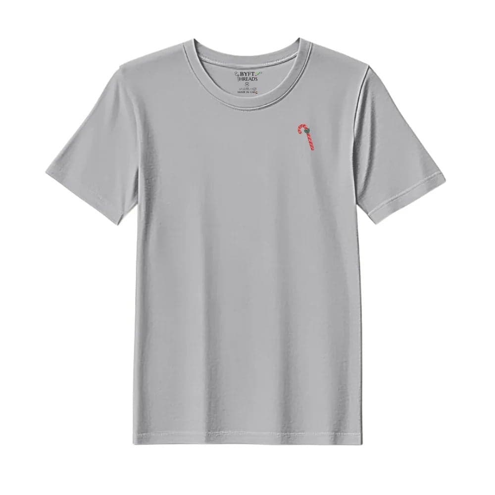 Threads Large Grey Polycotton T-Shirt - Christmas "Candy Cane with Bow" Embroidered Design, Premium Holiday Collection