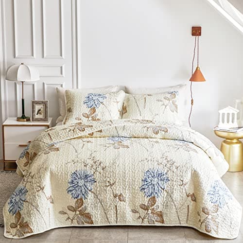 Joyreap 3 Pieces Microfiber Quilt Set, Elegant Flower Botanical Reversible Design, Bedspread Bed Cover for All Season, 1 Quilt and 2 Pillow Shams (Full/Queen, 90x90 inches)