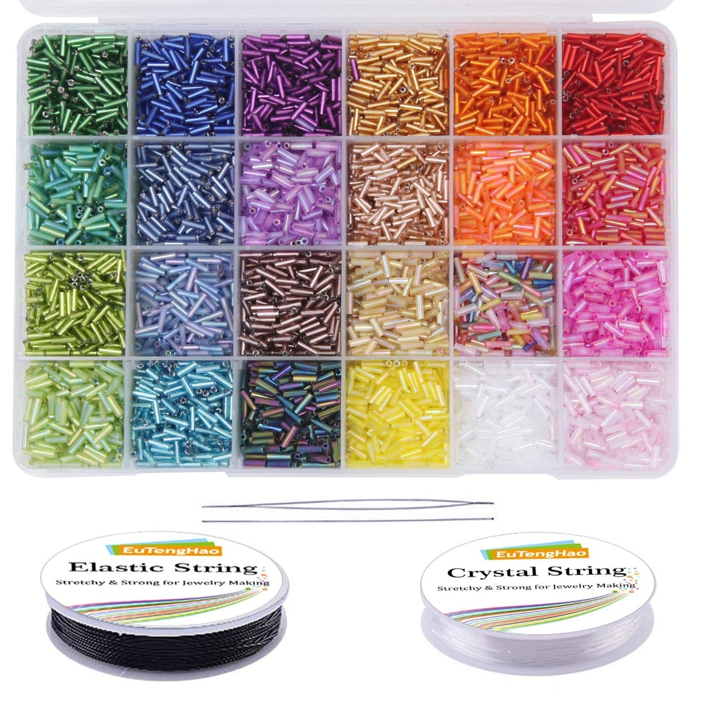 EuTengHao 9600pcs Tube Beads Kit Glass Bugle Seed Beads Small Craft Beads for DIY Bracelet Necklaces Crafting Jewelry Making Supplies with Two Crystal String 7mm 400 Per Color 24 Colors