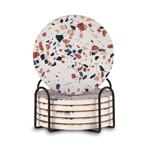 Twine Terrazzo Coasters Stoneware Coaster Set White Coasters with Stand Coffee Table Decor Set of 6 Multicolor