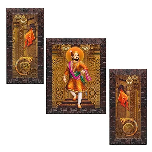 Indianara Set of 3 Chathrapati Shivaji Maharaj Art Painting (3825GBNN) without glass 6 X 13, 10.2 X 13, 6 X 13 INCH