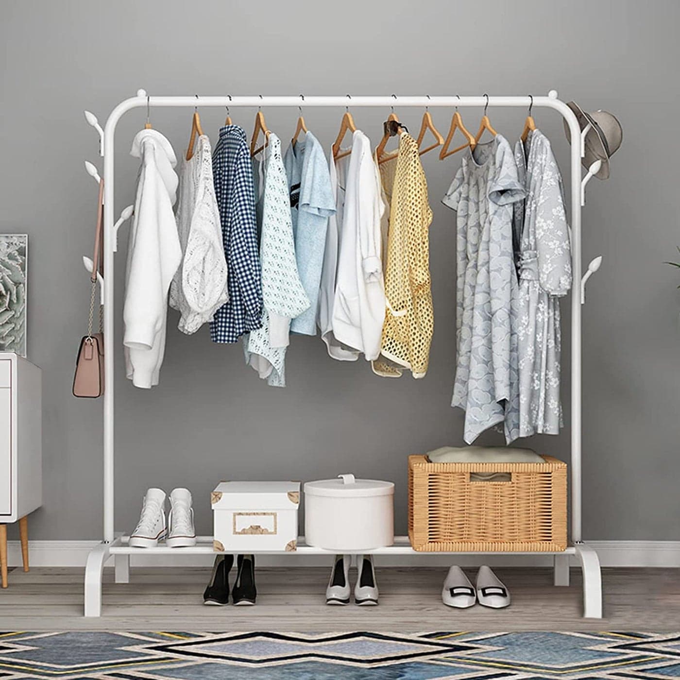 Zemic 1PC Multipurpose Metal Single Garment Rack with Top Rod and Lower Storage Shelf with Hooks Heavy Duty Clothes Coat Stand Closet Organizer White 150 x 110 x 40 CM