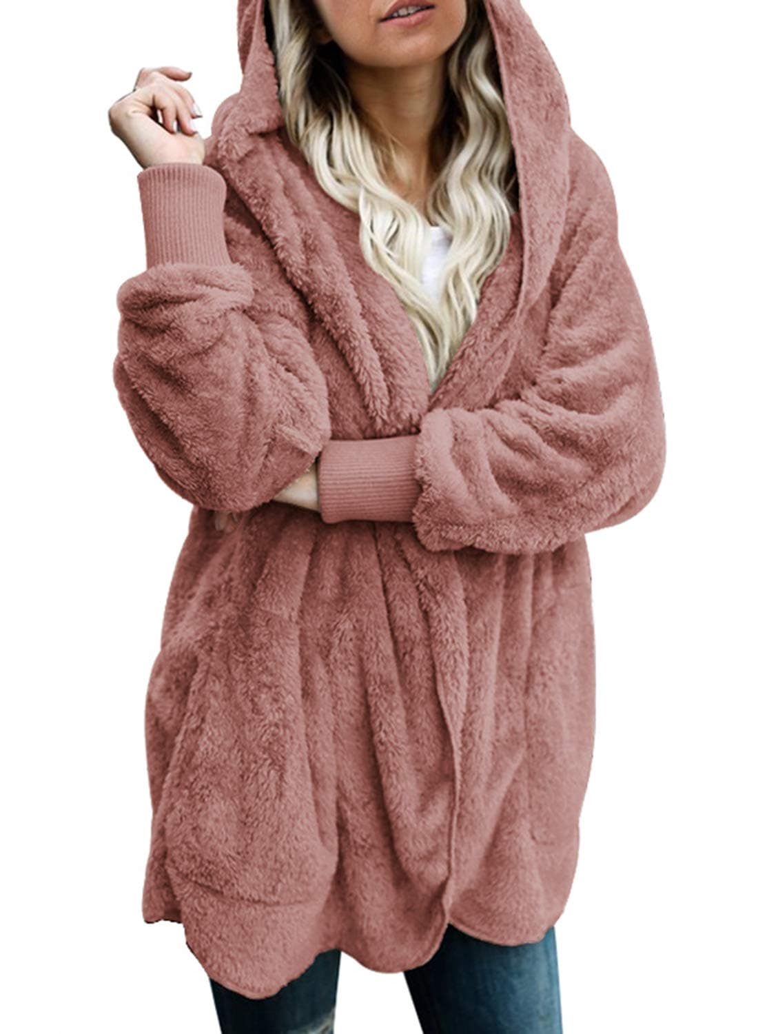 Dokotoo Womens Cozy Ladies Fashion Oversized Fuzzy Fluffy Fleece Winter Fall Open Front Long Sleeve Fleece Hoodies Cardigan Sweater Jackets Coat Outerwear Pink X-Large
