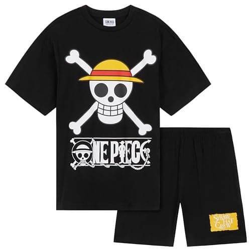 One Piece Pajama Set 2-Piece T shirt and Shorts Set Boys Summer PJ Set Loungewear Kids Clothing Matching Anime Gifts (Black, 9-10 Years)