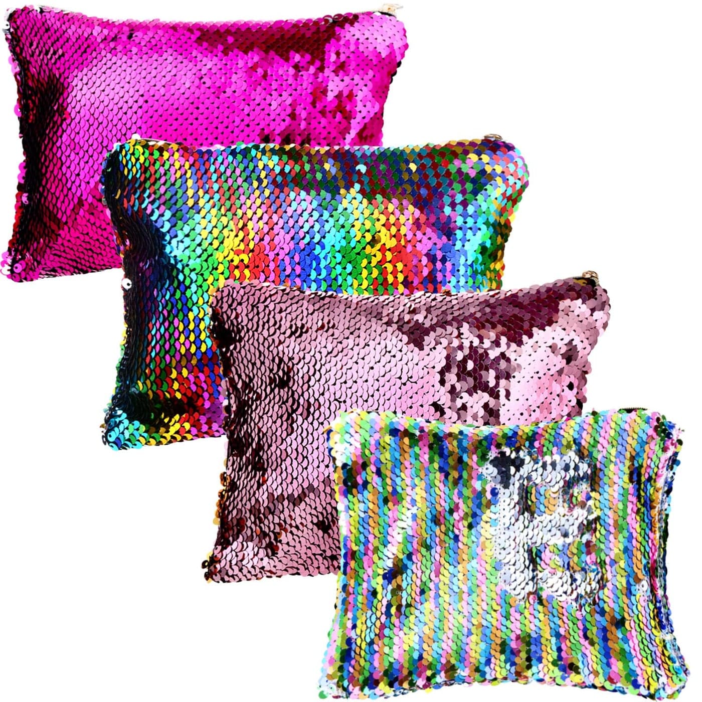 Tatuo 4 Pcs Sequin Makeup Bag Glitter Sequin Purse Rainbow Iridescent Make up Bag Small Reversible Cosmetics Pouch for Women Teacher Graduation Gifts Party Favors
