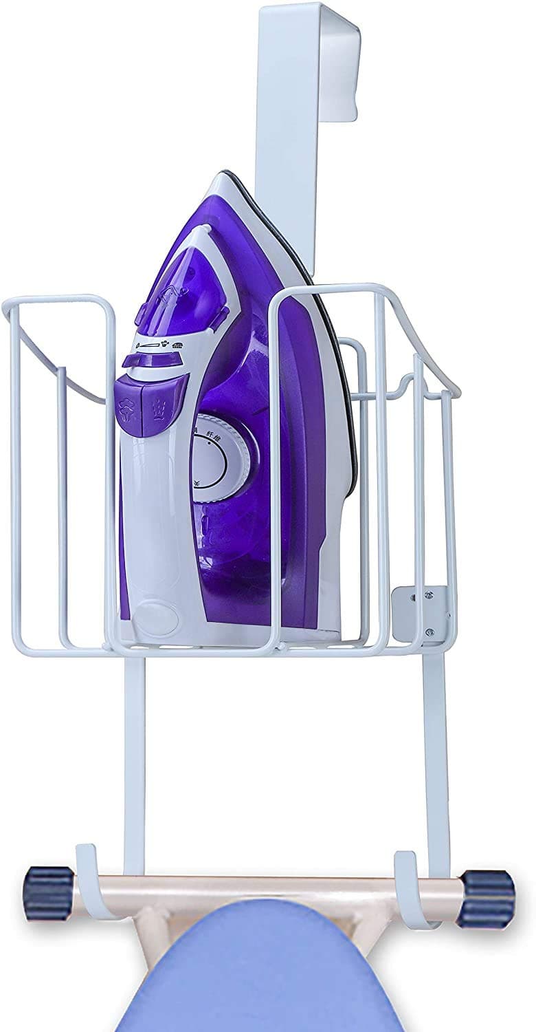 INDIAN DECOR. 38510 Metal Ironing Board Holder, Durable Iron Holder with Easy Installation, Large Storage Iron Hanger for Organizer-Ironing Basket Over Door or Wall Mount in Laundry Room - White
