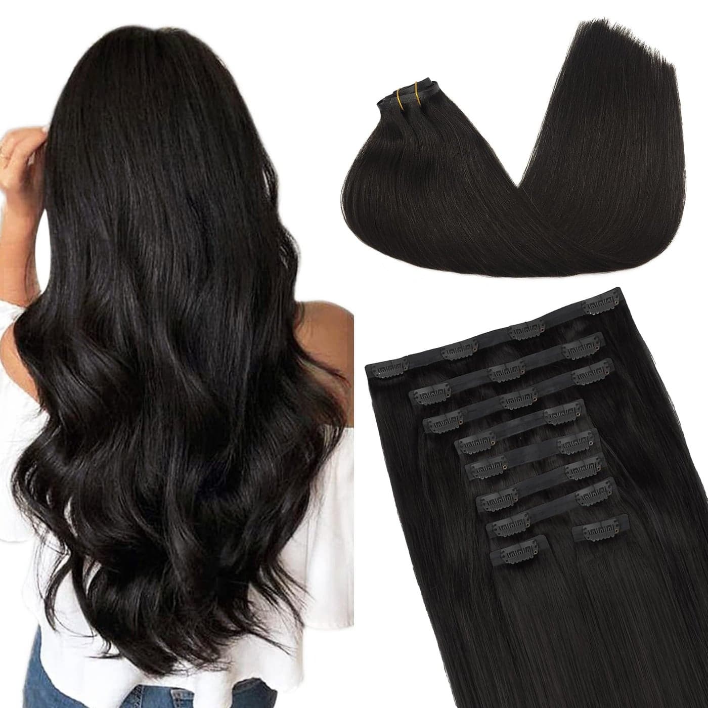 GOO GOO Clip in Hair Extensions Real Human Hair Remy Human Hair Extensions Clip ins for Women Natural Human Hair 14inch 130g 9Pcs 1B Natural black