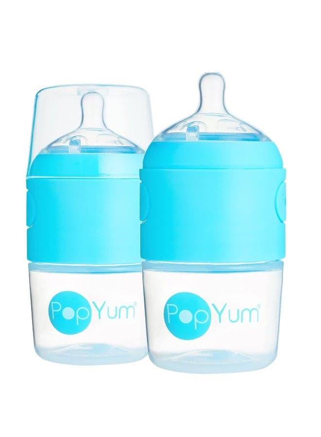 PopYum 5 oz Blue Anti-Colic Formula Making/Mixing/Dispenser Baby Bottles, 2-Pack with #1 Slow Flow Nipples, 150 ml, BPA-Free, Natural Latch