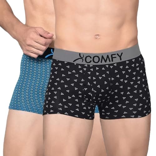 Amul Comfy Printed Spandex Trunk for Men | 95% Cotton 5% Spandex | Super Combed Cotton Stretch Fabric | Outer Elastic Comfort Fit | Soft Hand Feel | No Marks Waistband | Color May Vary | (Pack of 2)