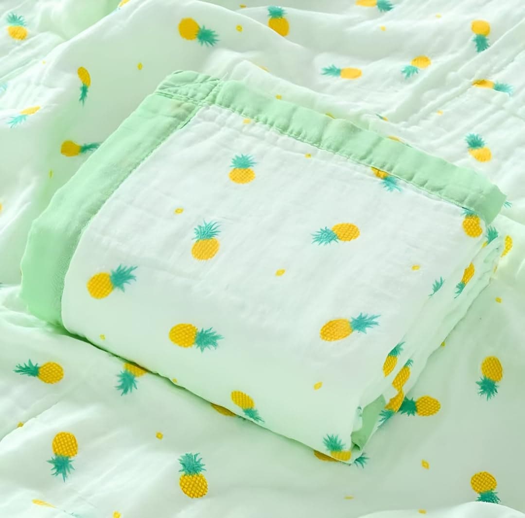 BABY STATION 100% Organic Cotton 6-Layer Muslin Baby Blanket (110x110 cm) is Super Soft, Breathable, and Gentle on Baby's Skin. Perfect for Comfort, Warmth, and Everyday use (Green Pineapple)