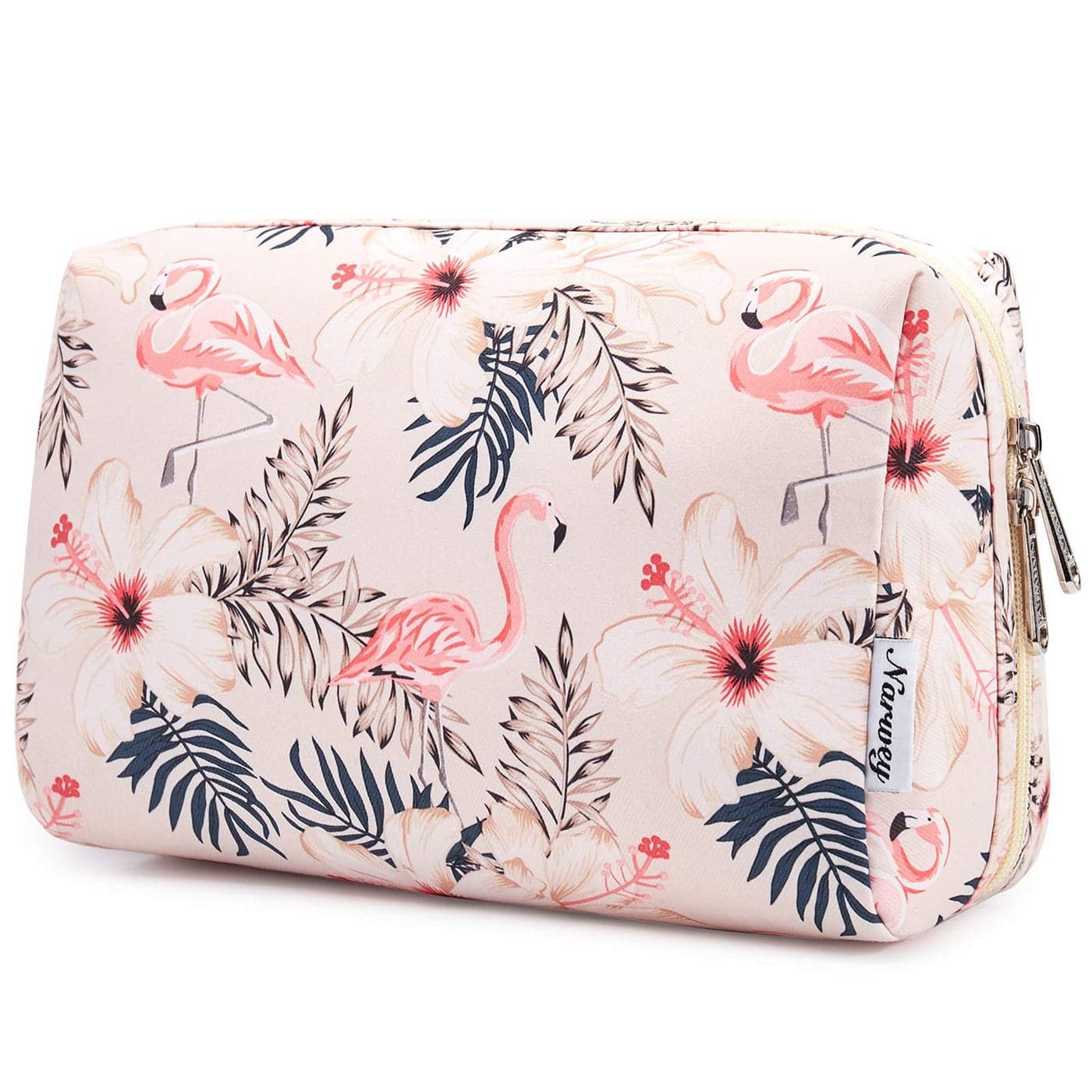 Narwey Cute Makeup Bag Travel Cosmetic Bag Organizer Toiletry Bag Make Up Bags with Compartments for Women Girls (Large, Beige Flamingo)