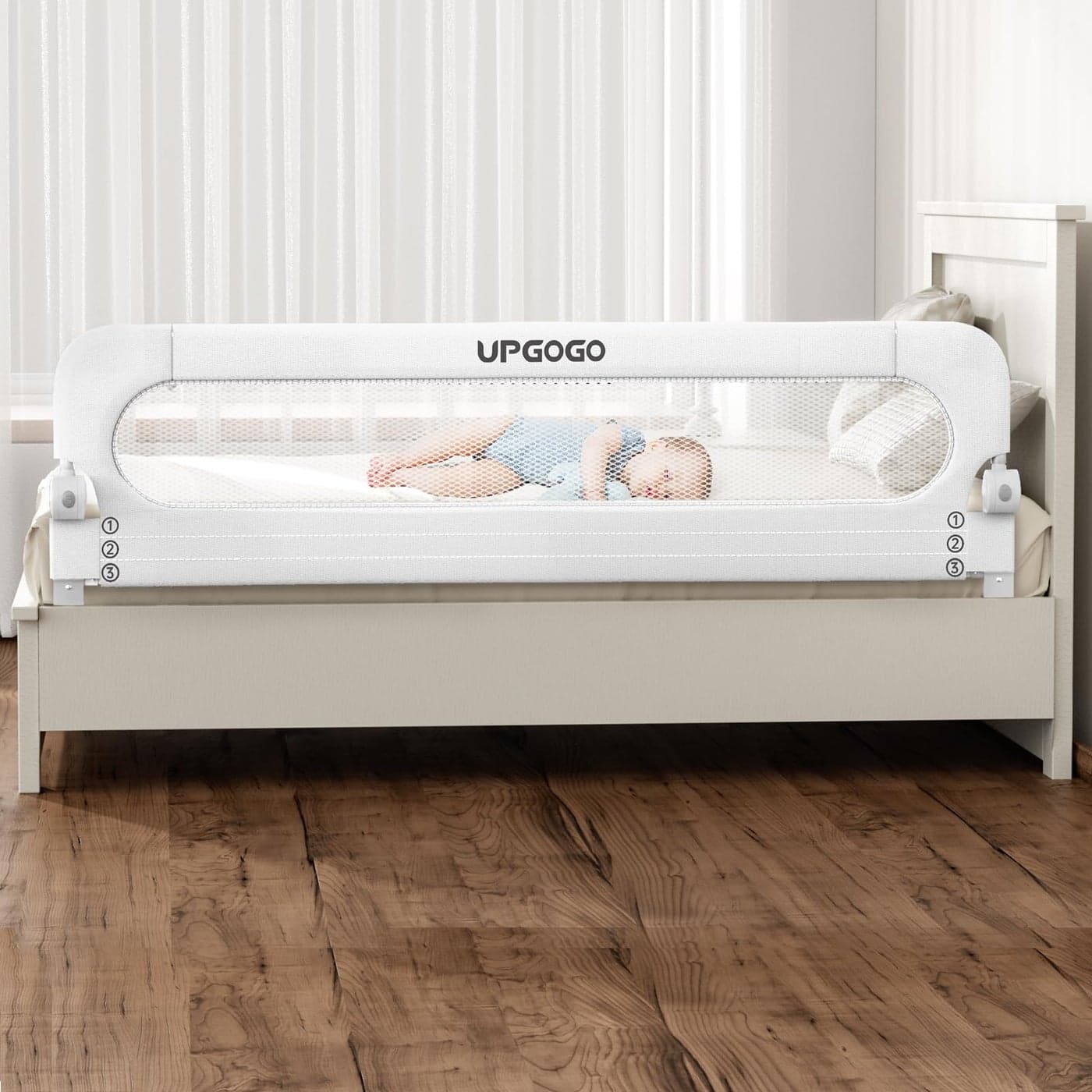 UPGOGO Folding Bed Rail for ToddlersBaby Bed Rail Guard with Reinforced Anchor Safety SystemFit BunkFull SizeQueenKingTwinWhite71x236