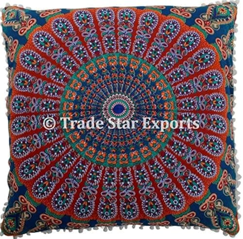 Trade Star 26 X 26 Mandala Euro Sham, Ethnic Cushion Cover, Indian Large Floor Pillows, Hippie Cushion Cover with Pom Pom Lace, Bohemian Throw Pillow Cases (Pattern 7)