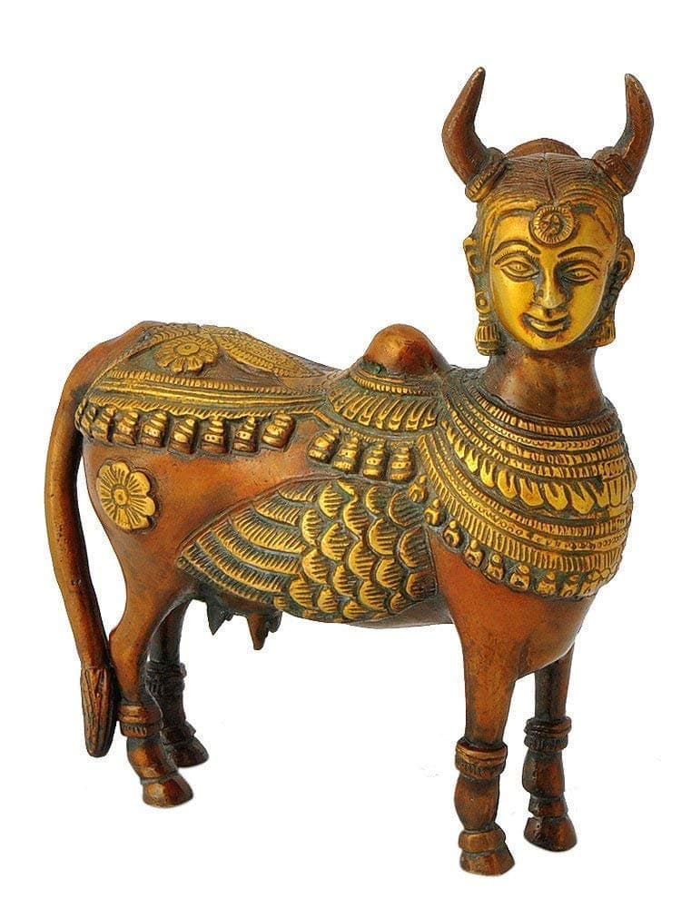 Kartique Brass Kamdhenu Idol with Ornate Detailing - 7.5 Inches Height - Decorative Cow Statue for Home and Temple Decor