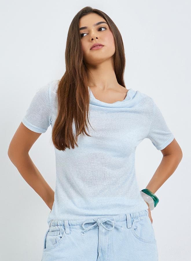 Blue Textured Cowl Neck Linen Look T-Shirt