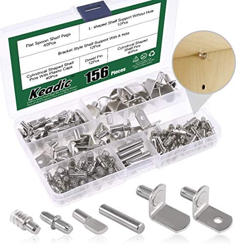 Keadic 156Pcs 5mm Nickel Plated Shelf Pegs Shelves Pins Kit, 5 Styles Shelf Pegs Kit, Cabinet Furniture Shelf Pins Support Bracket Pegs with Plastic Caps for Kitchen Cabinet Bookcase