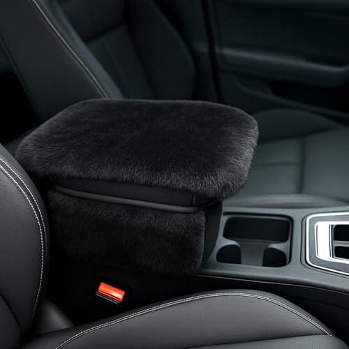 Fluffy Car Armrest Cover with Side Pockets Plush Fuzzy Fur Center Console Armrest Cushion Pad Universal Winter Car Interior Protector Soft Arm Rest Cover with Storage for Women Men BLACK
