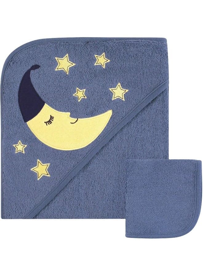 Hudson Baby Unisex Baby Cotton Hooded Towel and Washcloth, Moon, One Size