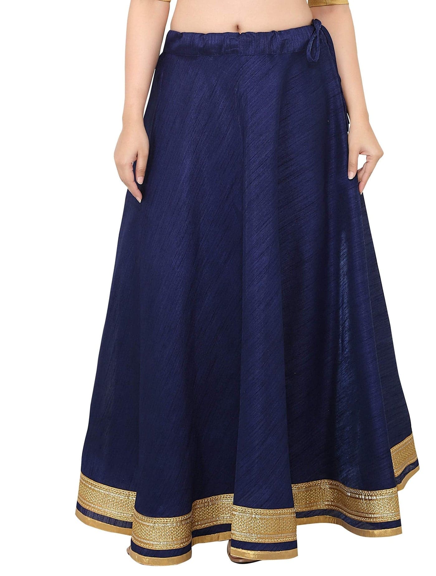 Studio Shringaar Polyester Women's Readymade Lehenga Maxi Skirt with Golden Zari Borders (Free Size, Navy Blue)