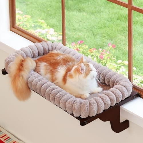 Zakkart SnugCloud Cat Window Perch with 4Sided Bolster Orthopedic Cat Hammock for Window Sill Solid Hardwood Metal Frame Window Seat for Pets Dark Stained Wood wBrown Bed Large