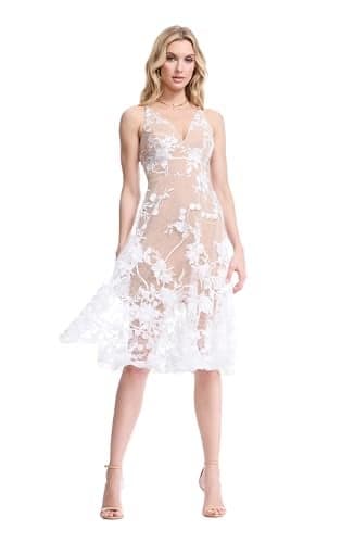 Dress the Population Women's Audrey Spaghetti Strap MIDI A-LINE 3D Floral Dress Dress, Off White/Nude, L