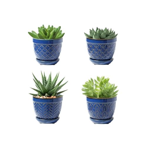 Sureasy Succulent Pots, 3.5 Inch Flower Pots for Indoor Plants, Small Plant Pots with Saucer & Drainage, Decorative Ceramic Planters for Succulent, Cactus, Set of 4, Blue