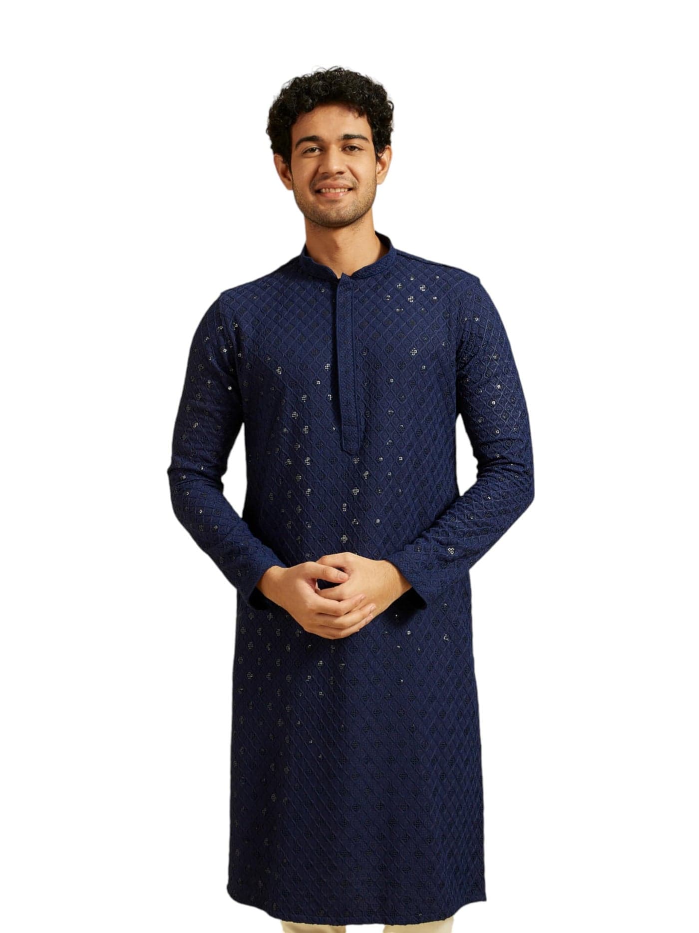 DIWAS BY MANYAVAR Men's Viscose Embroidery|Sequin Work Kurta (Dark Blue,S)