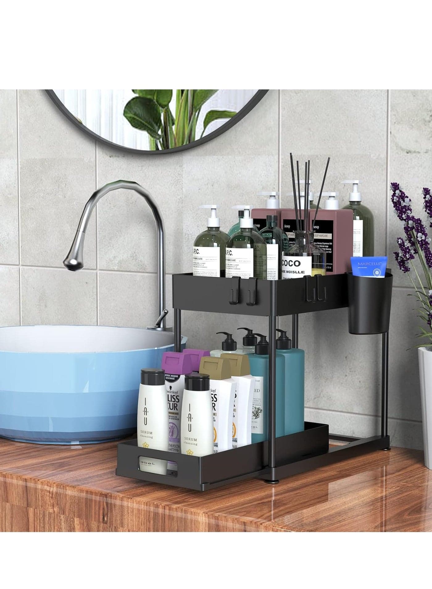 Under Sink Organizers and Storage Pull Out Sliding Drawer 2 Tier Multi-purpose Kitchen Under the Sink Organizer Under Bathroom Sink Shelf Storage Rack for Countertop Laundry