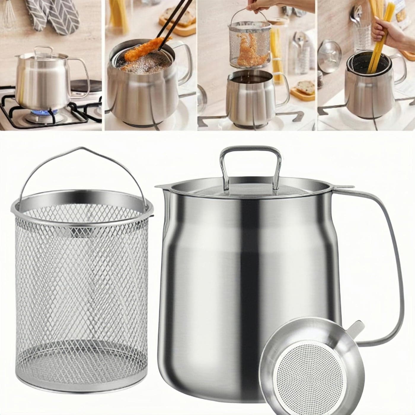 68oz 304 Stainless Steel Deep Fryer Pot with Basket Strainer Large Capacity Bacon Grease Container for KitchenFrying Cooking CampingHeavy Duty Oil Filter Container Dishwasher Safe 68oz2L