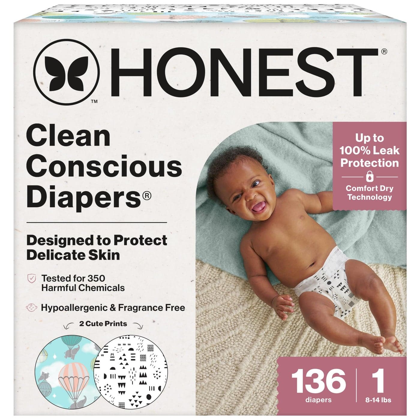 The Honest Company Clean Conscious Diapers for Sensitive Skin Hypoallergenic Fragrance Free Gender Neutral Prints Super Club Box Size 1 814 lbs 136 Count Prints May Temporarily Vary