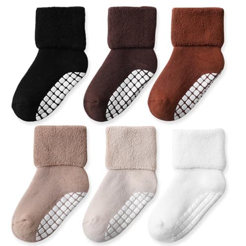 EPEIUS Toddler Non Slip Socks 6 Pack,Terry Cotton Turn Cuff Socks for Boys & Girls,Thick Warm Winter Sock 2-4 Years Brown 6 Pack,M