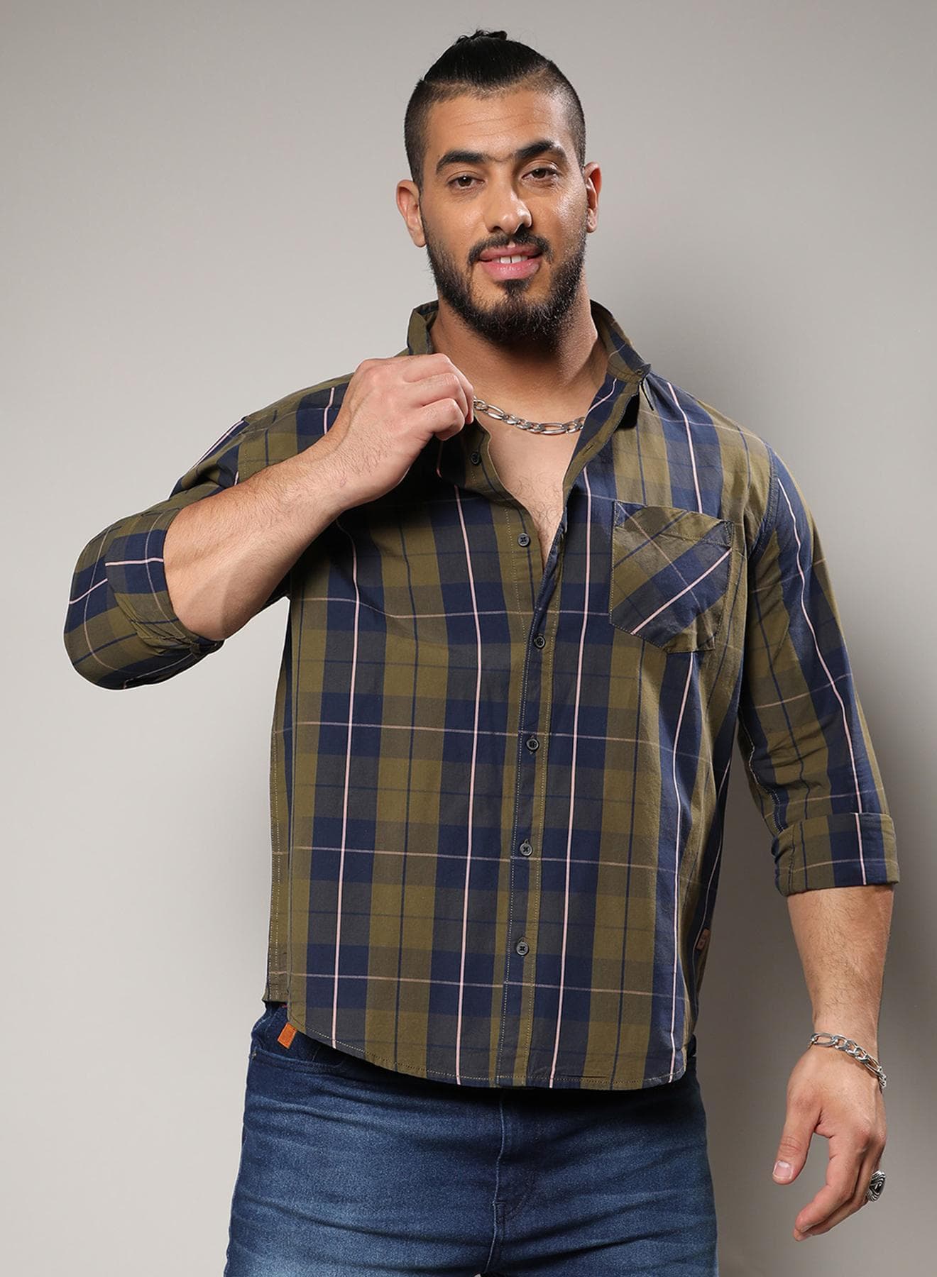 Instafab Plus Men's Olive Green Tartan Plaid Shirt For Casual Wear | Spread Collar | Long Sleeve | Button Closure | Cotton Shirts Crafted With Comfort Fit For Everyday Wear