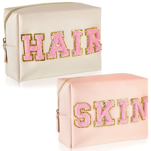 Patelai 2 Pcs Preppy Makeup Bags Chenille Letter Patch Bag Face Skin Hair Stuff Aesthetic Cosmetic Bag Travel Zipper Pouch Makeup Organizer Graduation Gift for Girls (White, Pink,Hair, Skin)