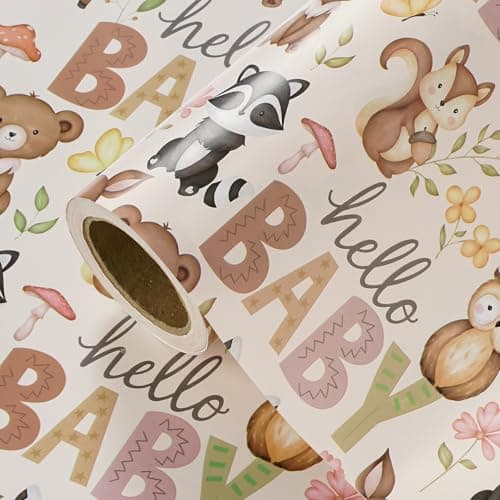 WRAPAHOLIC 30 Inch Baby Shower Wrapping Paper Roll 30 Inch x 33 Feet Little Woodland Animal Wrapping Paper for Baby Shower Kids Girls Boys Birthday