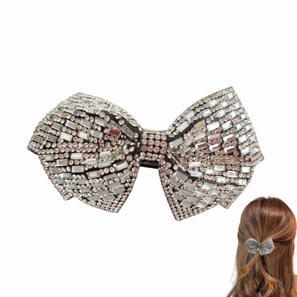 Bling Rhinestone Bow Hair Clip for Ponytail Holder White Crystal Bowknot Spring Clip French Side Hair Barrettes Hair Pins Accessories for Women