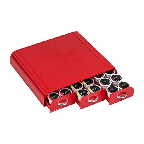 Mind Reader Single Serve Coffee Pod Organizer with 3 Drawers, 36 Pod Capacity, Countertop, 13.5"L x 12.25"W x 2.5"H, Red