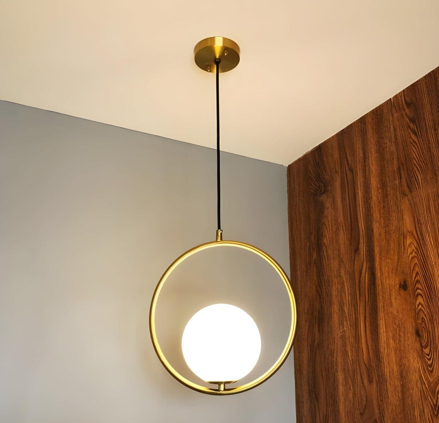RBSK Gold Metal Ring & White Lampshade Pendant Light, Circular Ceiling Lamp (Without Bulb)