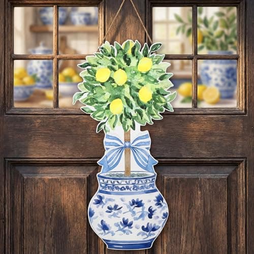 RattanView Large Size Chinoiserie Bonsai Door Hanger Rustic Topiary Wooden Sign Front Door Home Wreath Ornament for Farmhouse Indoor Outdoor Yard Porch Welcome Decor(Lemon Tree,27.16 x 11.81 in)