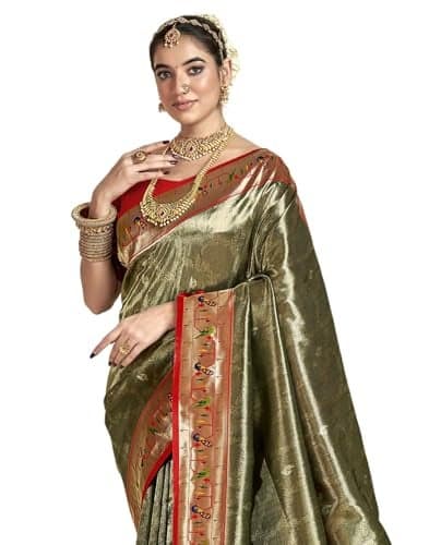 SIRIL Women's Tissue Silk Saree | Sari for Women | Paithani Soft Silk Sarees With Unstitched Blouse Piece (3531S1191A_Army Green)