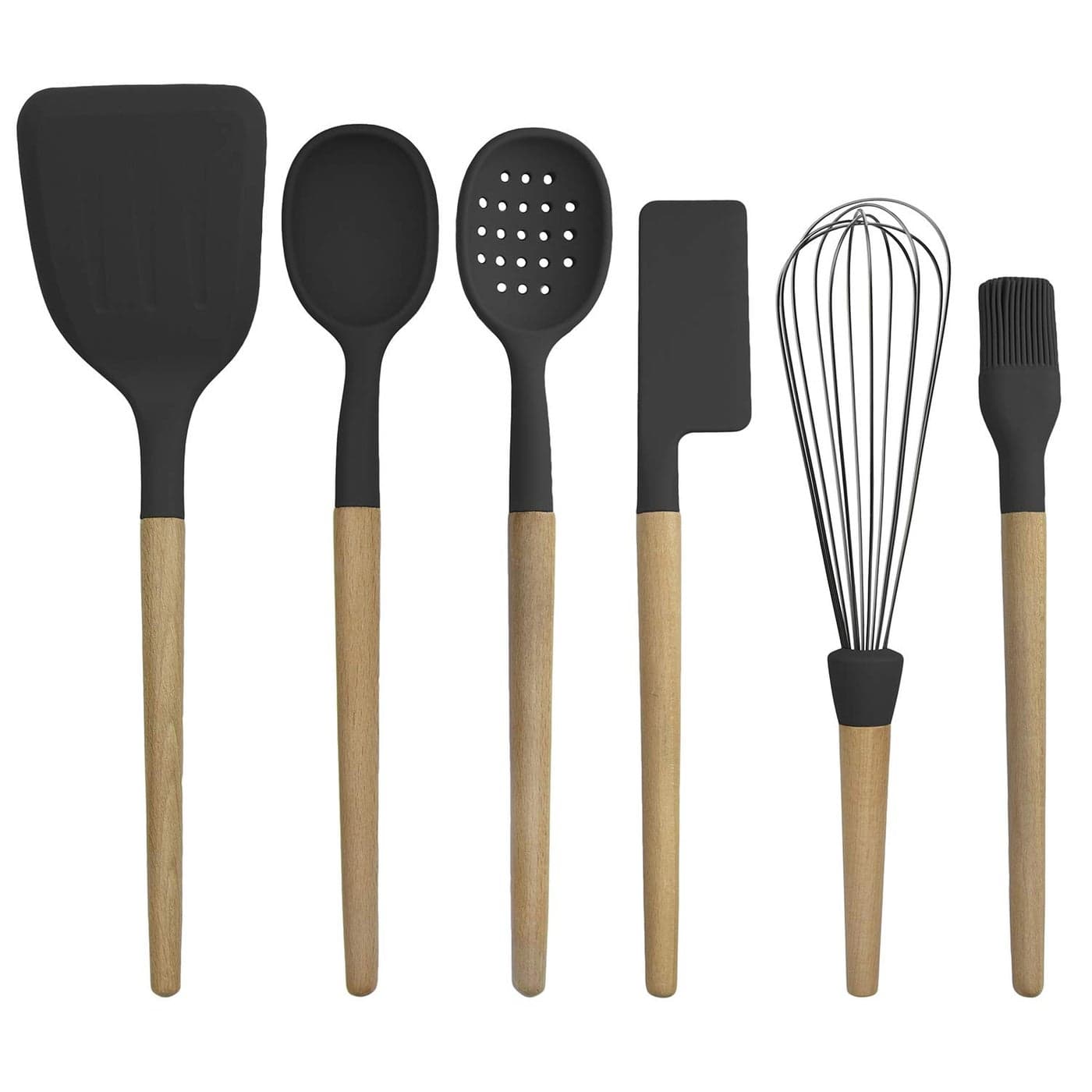 Country Kitchen Non Stick Silicone Utensil Set with Rounded Wood Handles for Cooking and Baking 6 Piece Set Black