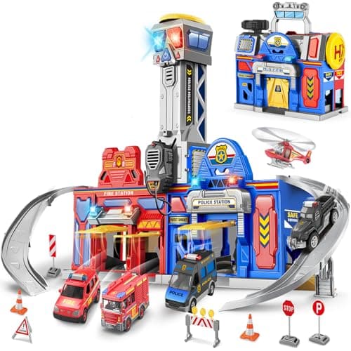 Kids Toys for 3 4 5 6 Years Old Boys 295 Large City Action Toddler Playset with Lights Sounds Police Fire Station Transform Track Toy with 4 Cars Helicopter WalkieTalkie Gifts for Boy Girl