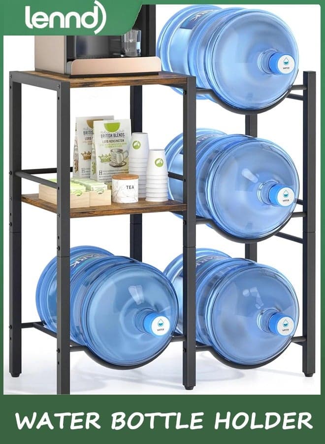19L Water Jug Holder With Wood Storage Shelves, Bottle Stand and Dispenser Rack for Home/Office/Garage Organizer (Rustic Brown Wood)
