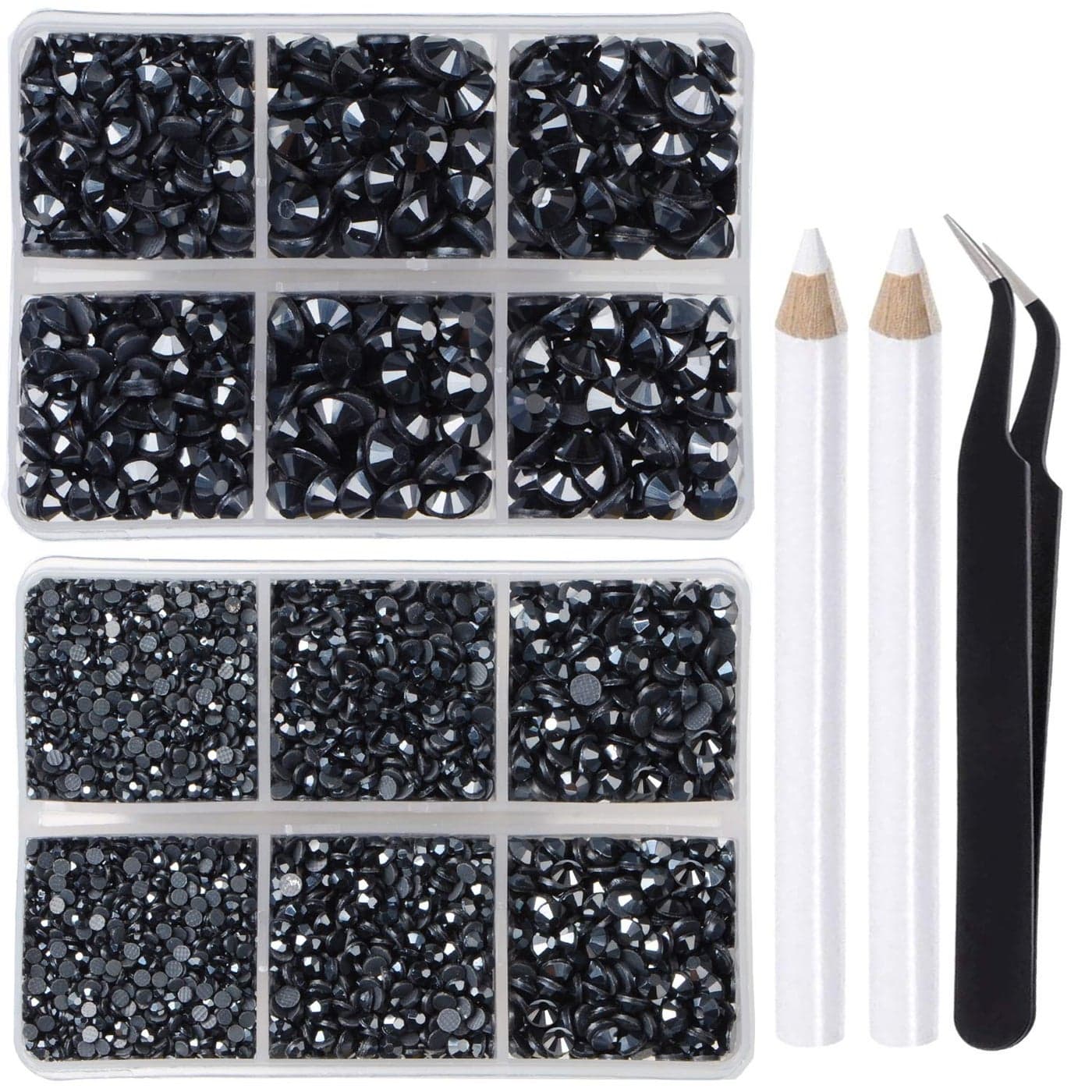 LPBeads 6400 Pieces Hotfix RhinestonesJet Hematite Flat Back 5 Mixed Sizes Crystal Round Glass Gems with Tweezers and Picking Rhinestones Pen