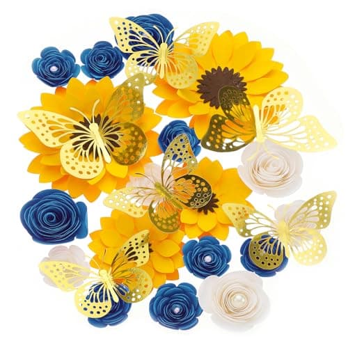 Nezyo 30 Pack Flower and Butterfly DIY Decorations Set 18 Pcs Flower Heads 12 Pcs 3D Butterfly Flat Back Roses Yellow Sunflower Heads for Grad Hats Wedding Baby Shower Home Decor(Blue, Yellow)