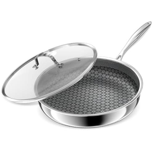 KURRUNGIE Hybrid Non Stick Frying Pans, 10-inch Stainless Steel Frying Pans with Tempered Glass Lid, 5 Ply Induction Cookware, Dishwasher-Friendly, Oven-Safe Up to 800°F, Compatible with All Cooktops