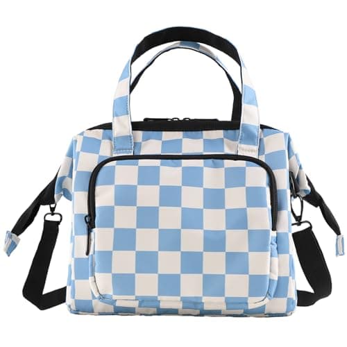 U+U Reusable Lunch Bag for Women Men Leakproof Lunch Tote Bag with Adjustable Strap, Holds Lunch Box, Snacks, Fruits for Work, Picnic or Travel - Insulated, Large Capacity, Waterproof (Blue Checkered)